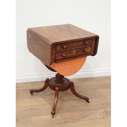 607 - A 19th Century mahogany drop leaf Work Table fitted two frieze drawers on quadruple splayed supports... 