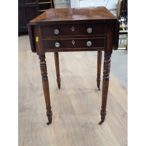 620 - A 19th Century mahogany drop leaf Work Table fitted two end drawers with bone handles mounted on tur... 