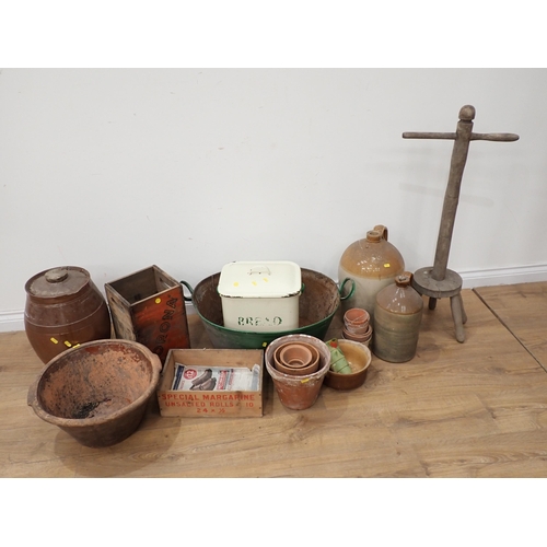 66 - A green painted large tin Bath, an enamel Bread Bin, terracotta Plant Pots, Dairy Bowl, stoneware Fl... 