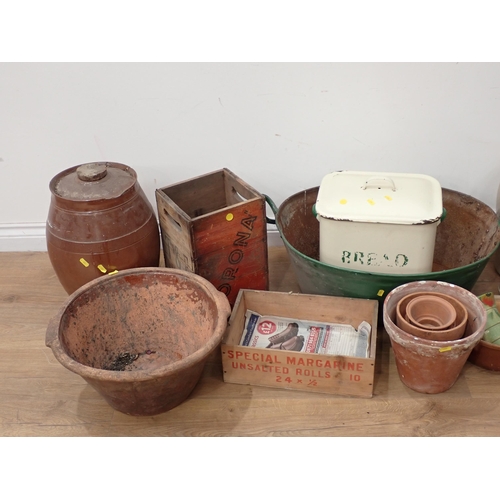 66 - A green painted large tin Bath, an enamel Bread Bin, terracotta Plant Pots, Dairy Bowl, stoneware Fl... 