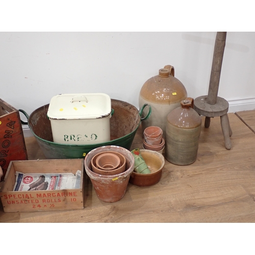 66 - A green painted large tin Bath, an enamel Bread Bin, terracotta Plant Pots, Dairy Bowl, stoneware Fl... 