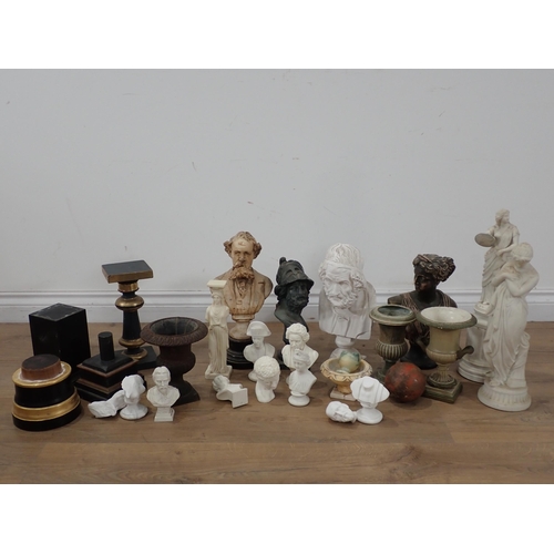 667 - Two boxes of plaster and resin Busts, a cast metal Bust, cast metal and other Urns and Stands