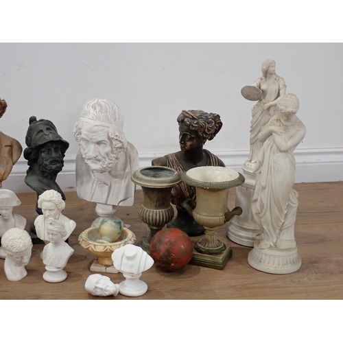 667 - Two boxes of plaster and resin Busts, a cast metal Bust, cast metal and other Urns and Stands