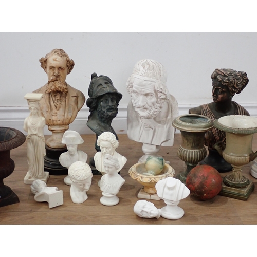 667 - Two boxes of plaster and resin Busts, a cast metal Bust, cast metal and other Urns and Stands