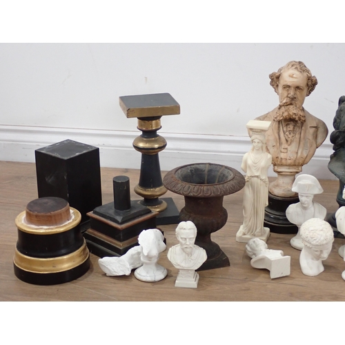 667 - Two boxes of plaster and resin Busts, a cast metal Bust, cast metal and other Urns and Stands