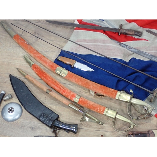 668 - A Bayonet, Kukri, 19th Century part Officer's Sword, various reproduction Swords and a Union Jack