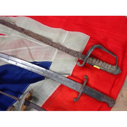 668 - A Bayonet, Kukri, 19th Century part Officer's Sword, various reproduction Swords and a Union Jack