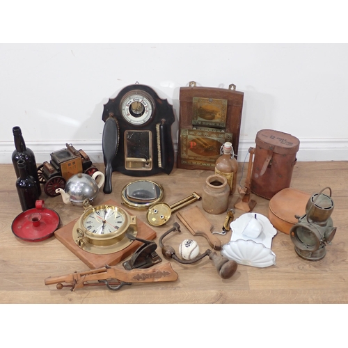 672 - A reproduction Ship's Clock, Aneroid Barometer, Letter Rack, Bottles, Lucas Lamp, Chamberstick, mode... 