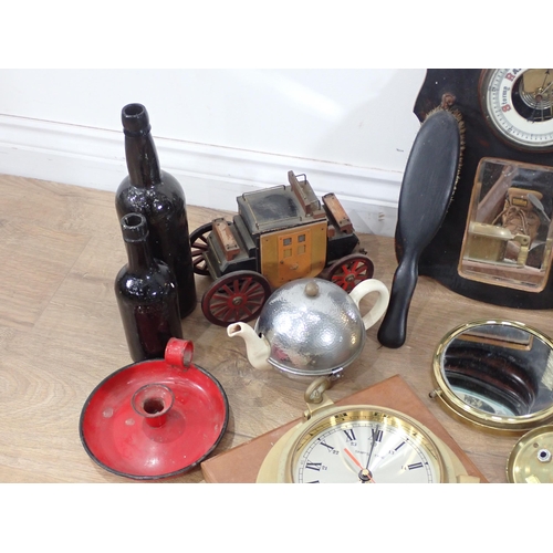 672 - A reproduction Ship's Clock, Aneroid Barometer, Letter Rack, Bottles, Lucas Lamp, Chamberstick, mode... 