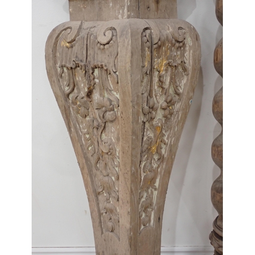 679 - Two carved and painted square cut supports and a barley twist Column