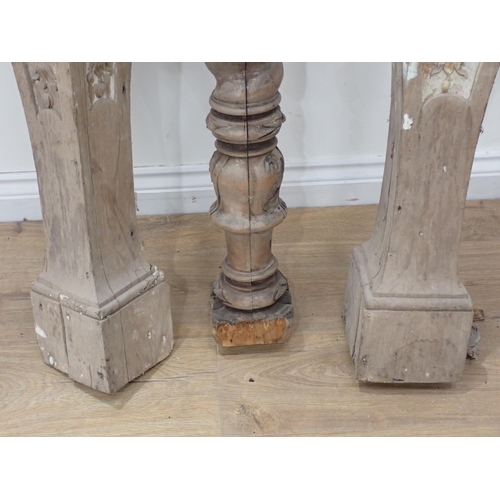 679 - Two carved and painted square cut supports and a barley twist Column