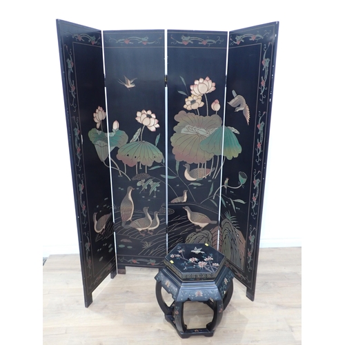 684 - A lacquered four Dressing Screen and a hexagonal Plant Stand