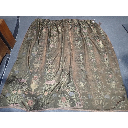 744 - A pair of brown Curtains with gold trailing flowers and urn design 6ft 10in L x 2ft 6in W