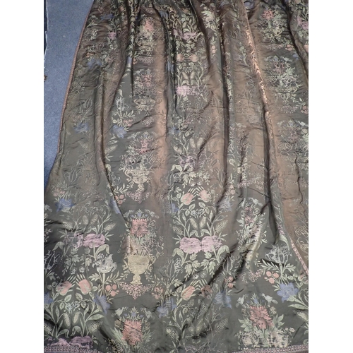 744 - A pair of brown Curtains with gold trailing flowers and urn design 6ft 10in L x 2ft 6in W