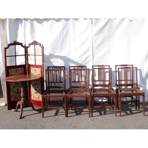 746 - An 18th Century mahogany Pillar Table, a mahogany framed Screen A/F and eight mahogany Dining Chairs... 