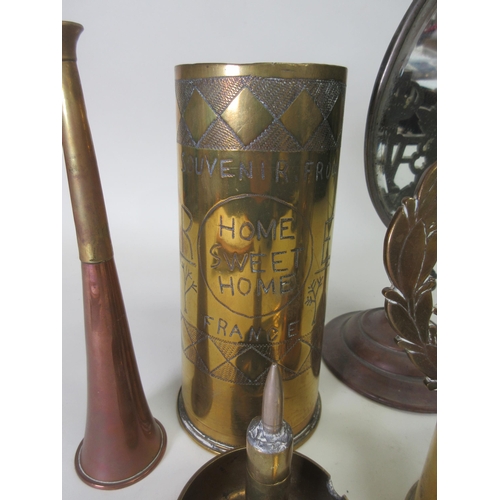 86 - Trench Art: two Shell Cases, one engraved Home Sweet Home, shell Ashtray with RAF surmount, shell ba... 