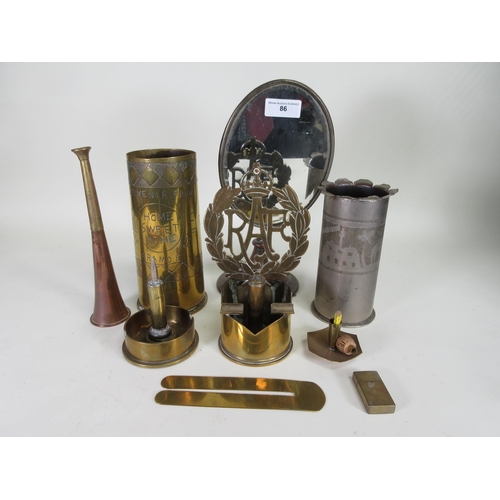 86 - Trench Art: two Shell Cases, one engraved Home Sweet Home, shell Ashtray with RAF surmount, shell ba... 