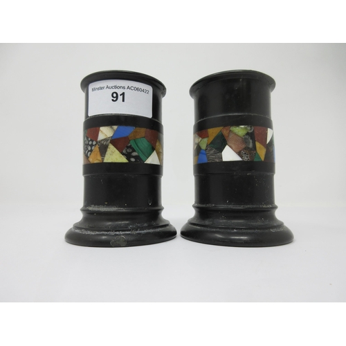 91 - A pair of hardstone Spill Vases with pietra dura friezes including lapis lazuli and malachite, 4in, ... 