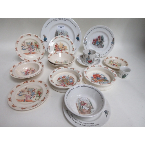 94 - A quantity of Royal Doulton Bunnykins China including Bowls, Dishes, Plates and seven items of Wedgw... 