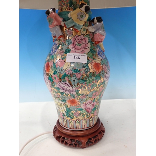 346 - A Chinese style floral Table Lamp and shade, 2ft 5in H overall, passed PAT (fuse removed)