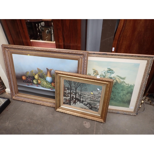 681 - A gilt framed Overmantel Mirror ; a mixed media picture of a still life; and two Prints (4)