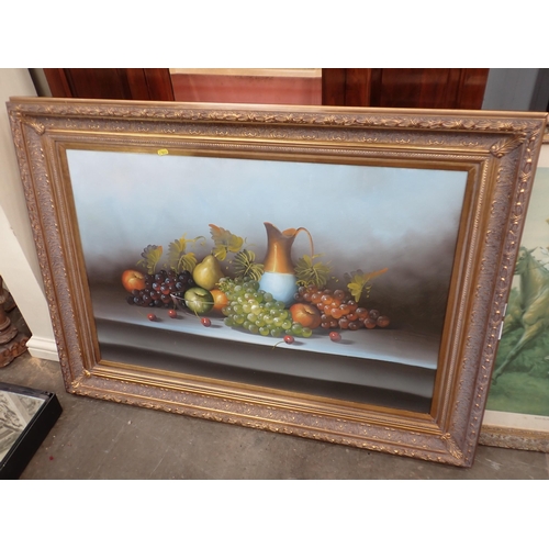 681 - A gilt framed Overmantel Mirror ; a mixed media picture of a still life; and two Prints (4)