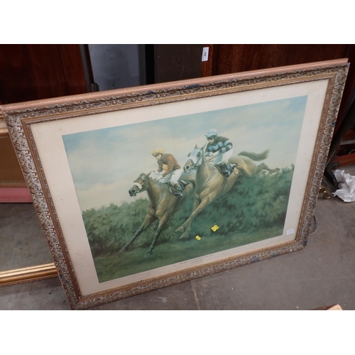 681 - A gilt framed Overmantel Mirror ; a mixed media picture of a still life; and two Prints (4)