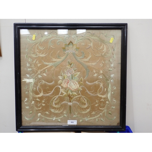 693 - A framed silk embroidery of roses 21in