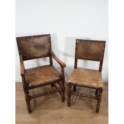 559 - A set of six 17th Century style oak framed Dining Chairs with leather upholstery