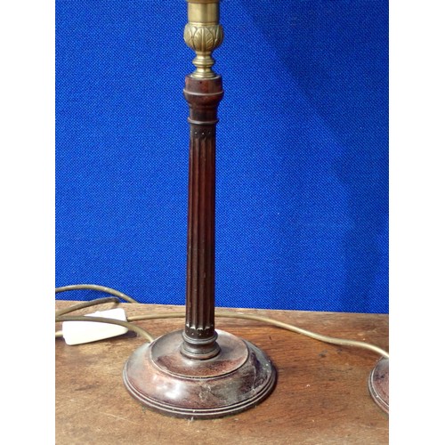 755 - A pair of turned mahogany Table Lamps with brass mounts and fluted columns, 2ft 2in H, (passed PAT)