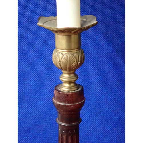 755 - A pair of turned mahogany Table Lamps with brass mounts and fluted columns, 2ft 2in H, (passed PAT)