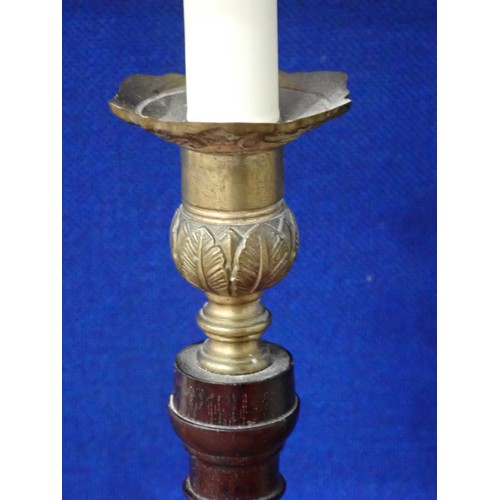 755 - A pair of turned mahogany Table Lamps with brass mounts and fluted columns, 2ft 2in H, (passed PAT)