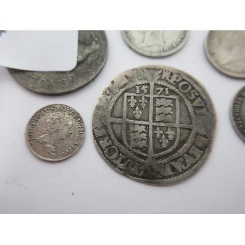 134 - An Elizabeth I Silver Shilling 1571, George III Penny 1784 and sundry Coins, some holed