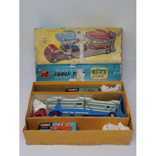 1141 - A boxed Corgi Major No.1 Carrimore Car Transporter Gift Set with two Cars, a No.201 Austin Cambridge... 