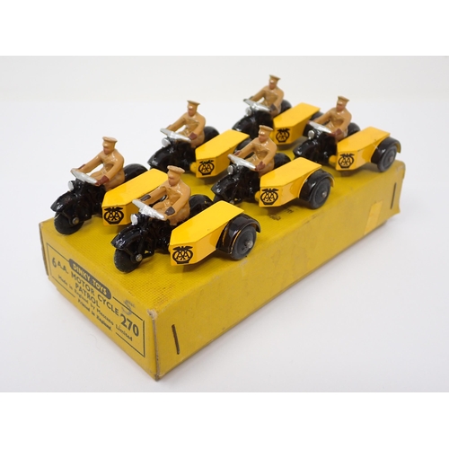 1155 - A Dinky Toys full Trade Box containing six AA Motorcycles with side cars complete with internal divi... 