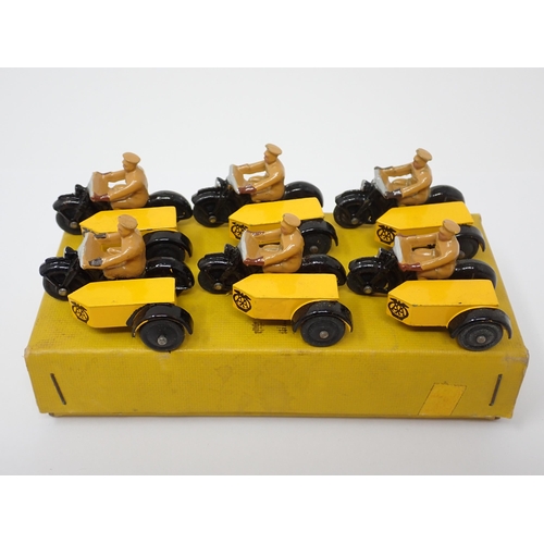 1155 - A Dinky Toys full Trade Box containing six AA Motorcycles with side cars complete with internal divi... 