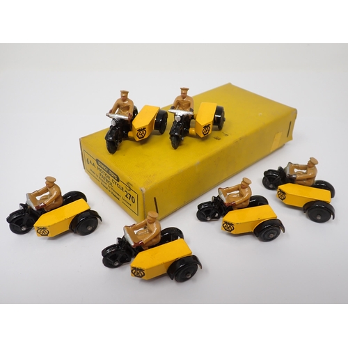 1155 - A Dinky Toys full Trade Box containing six AA Motorcycles with side cars complete with internal divi... 