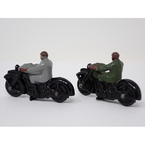 1229 - Two Dinky Toys No.37A Civilian Motorcycles one with green and the other with grey rider