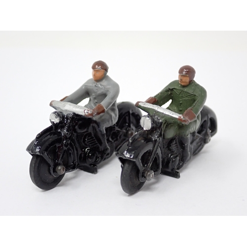 1229 - Two Dinky Toys No.37A Civilian Motorcycles one with green and the other with grey rider