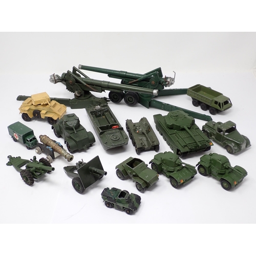 1233 - A box of play worn diecast military Vehicles including Britains heavy Guns, two Dinky Toys Armoured ... 