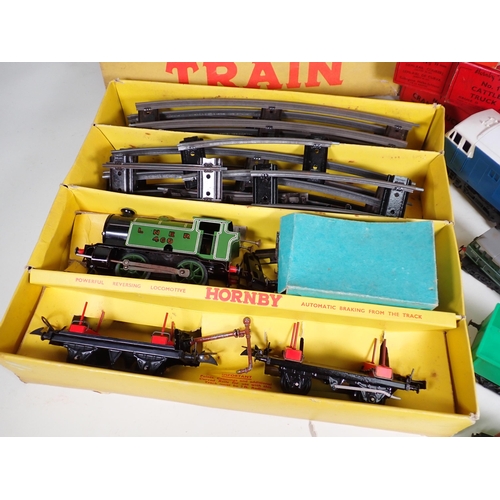 1286 - A boxed Hornby 0 gauge No.45 LNER Tank Goods Set, a boxed No.1 Crane Truck, a No.1 Cattle Truck, No.... 