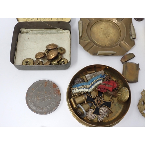 1375 - A Mary Christmas 1914 Tin, assorted British Army Badges, Bullet Cases, Ash Tray, Coins, etc.