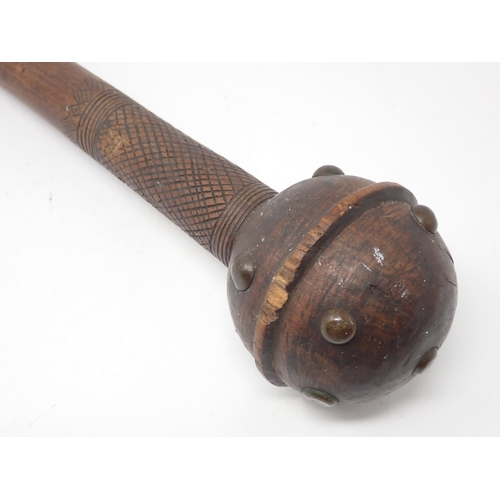 1385 - A late 19th Century South African Knobkerrie with studded head and incised decoration 1ft 8in L