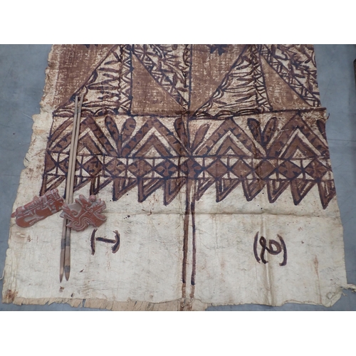 1394 - A painted wood fibre Wall Hanging, possibly Oceanic 7ft x 3ft 2in approx, two clay Stamps and two Ar... 