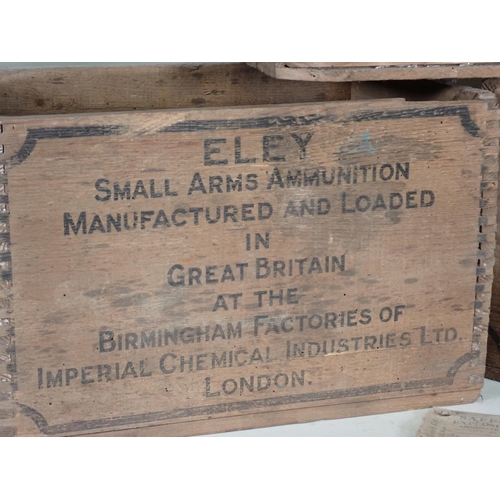 1458 - Two wooden Eley Kynoch Cartridge Boxes with trade label and a Fray Bentos wooden Crate