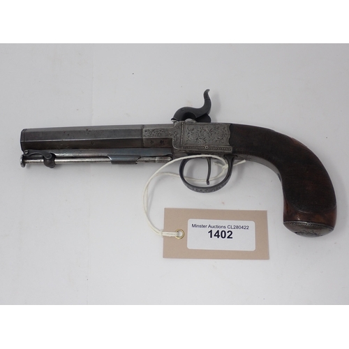 1402 - A 58 bore single barrelled percussion overcoat pistol by James. 4” octagonal barrel engraved James L... 