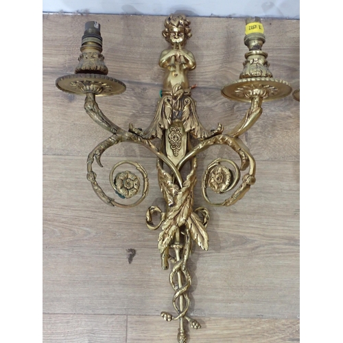 292 - A set of three brass two branch Wall Lights