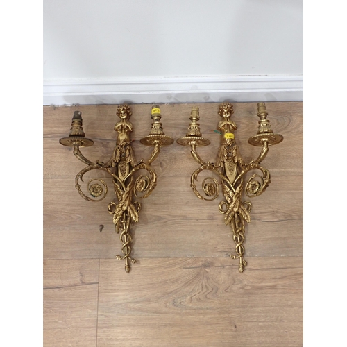 292 - A set of three brass two branch Wall Lights