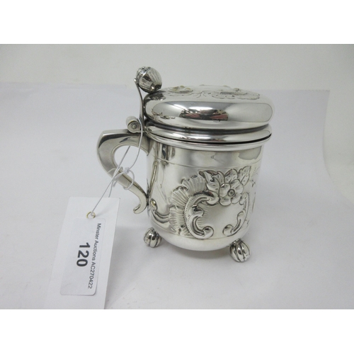 120 - Two silver Napkin Rings, three others, a Danish plated metal lidded Tankard, Boat and pair of Salts