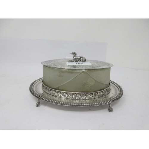 123 - A Victorian silver oval Butter Dish Stand and Cover with dog finial on claw feet, Sheffield 1870, fr... 